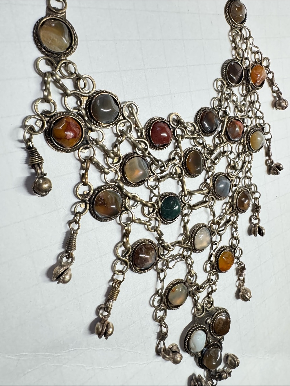 Multi-Stone Statement Bib Necklace - Silver Tone with Multicolor Stones